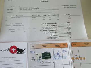 Vet bill of RM62.55 for his 1st deworming & vaccination on 8 April 2016