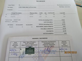 Vet bill of RM62.55 for his 2nd deworming & booster vaccination on 30 April 2016